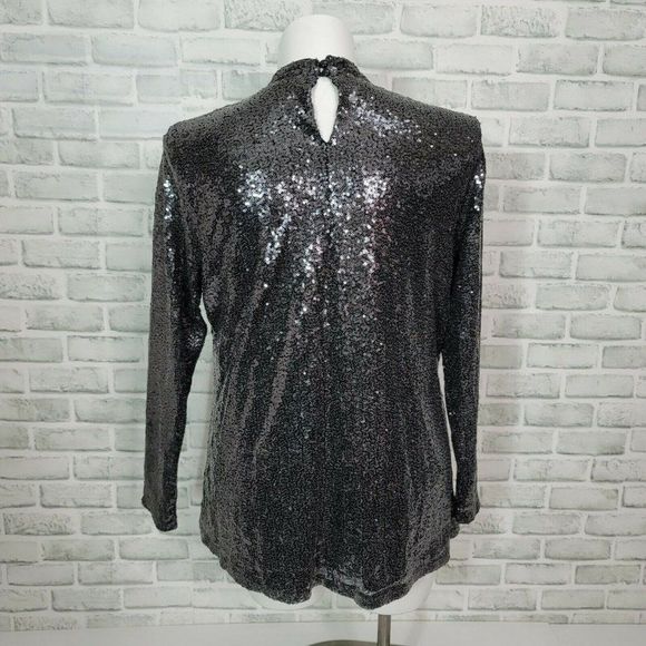 Lane Bryant Plus Size 14‎ Cocktail Party Black Sequin Mock Neck Long Sleeve Top - Picture 6 of 9